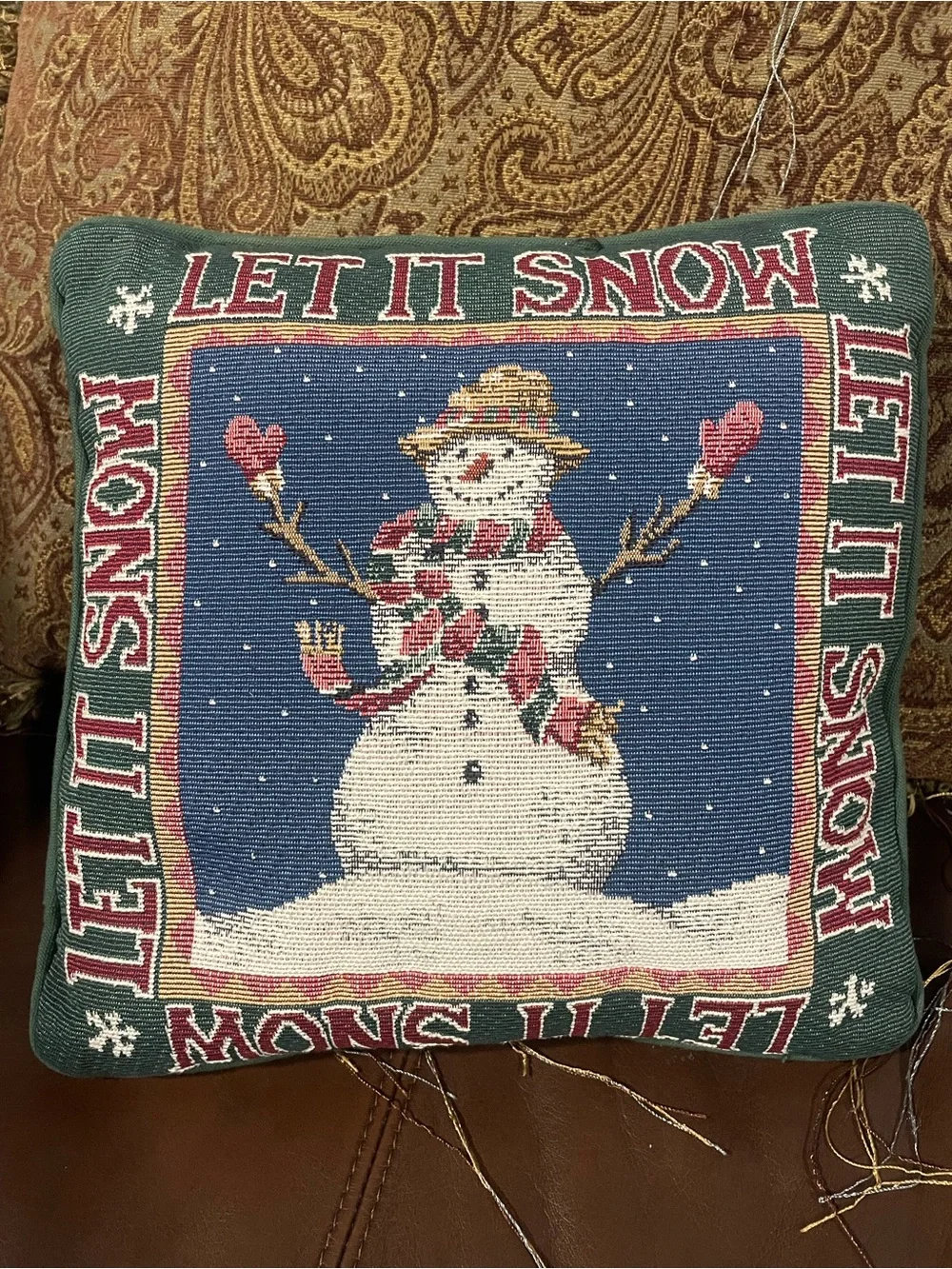 Vintage Holiday Tapestry Snowman Let it Snow Throw Pillow 11.5”